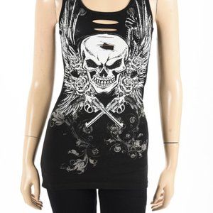 Rhinestone Winged Skull Shredded Tunic Tank Top